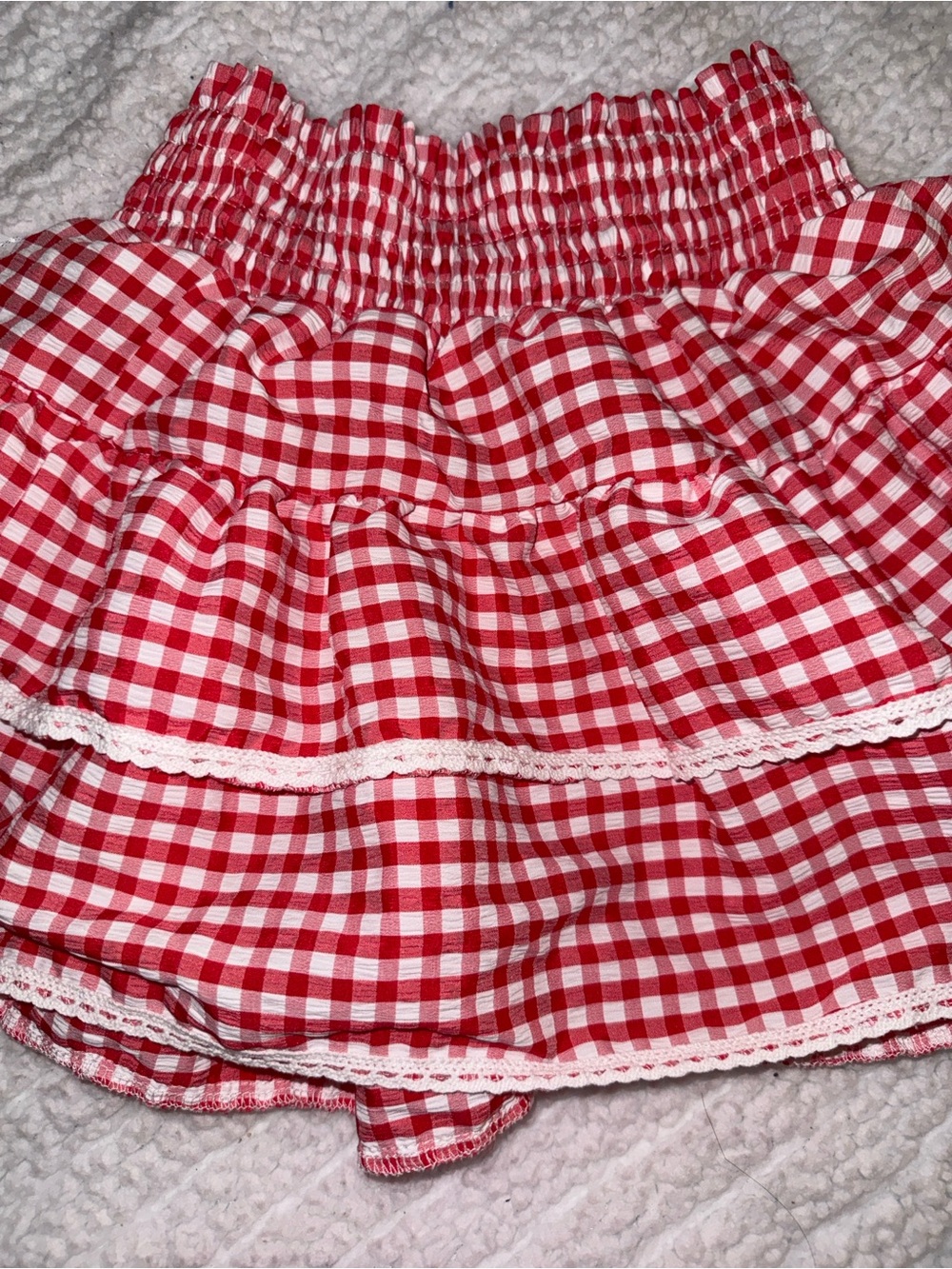 Red Gingham Ruffle Skater Skirt with Lace Trim